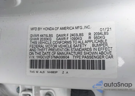 2021 Honda Accord Sport 2.0T z USA, uszkodzony, nr VIN 1HGCV2F37MA008934